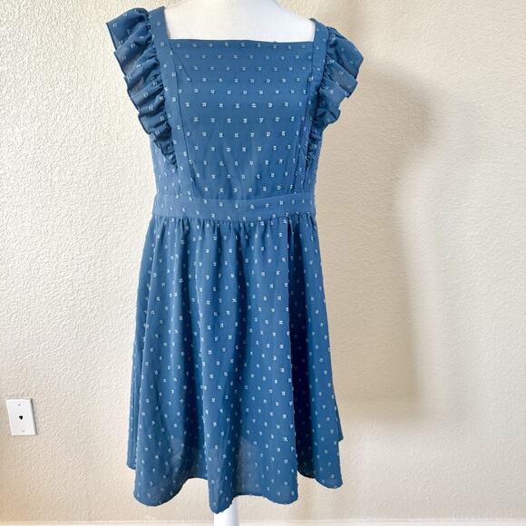 Loemes Floral Fit & Flare Dress Womens Size Large Blue Ruffle Strap Textured - Picture 1 of 15